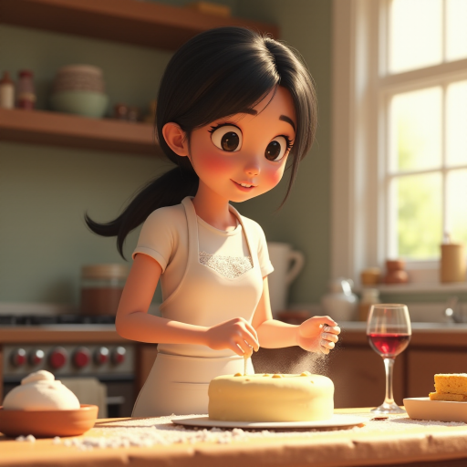 A Pixar-style CGI girl with black hair and black eyes wearing a white apron with lace stands in a kitchen and kneads cake batter. There is flour dust in the air, a glass of wine on the table and the cake ingredients are scattered around. 3D, with "ipic ai" at the back