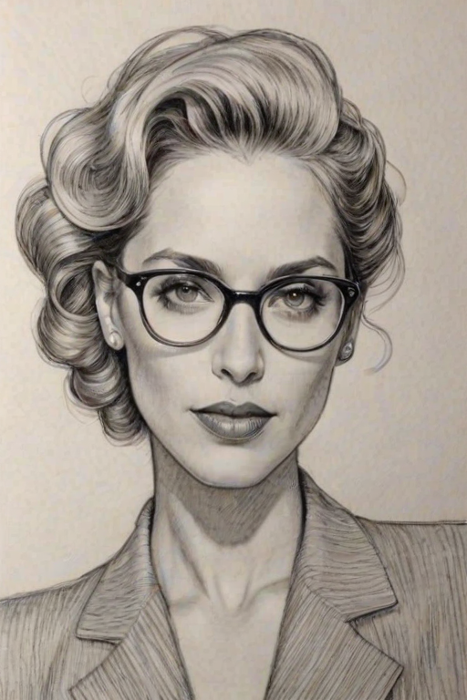 Fetching Elizabeth Berkley, pencil sketch, portrait of Stunning woman 1933s in glasses, hair style beatnik, outline, clear lines, fine lines, 8k