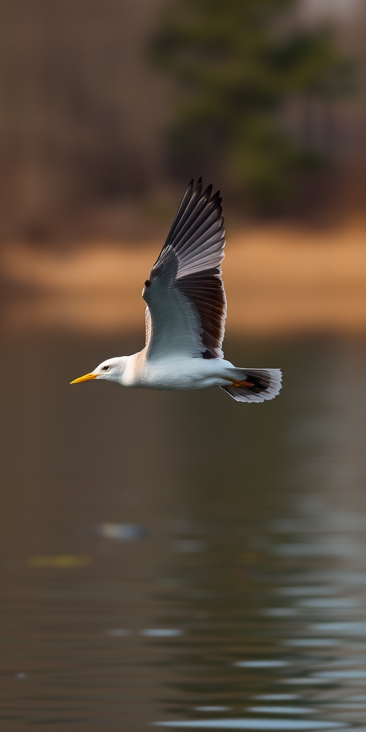 Capture a detailed image of a flying bird over a serene body of water, using a Canon EOS-1D X Mark III with a 200mm f/2.0 lens, set at ISO 400, aperture f/4, shutter speed 1/2000s, in a shallow depth of field for sharp focus on the bird against a softly blurred background.
