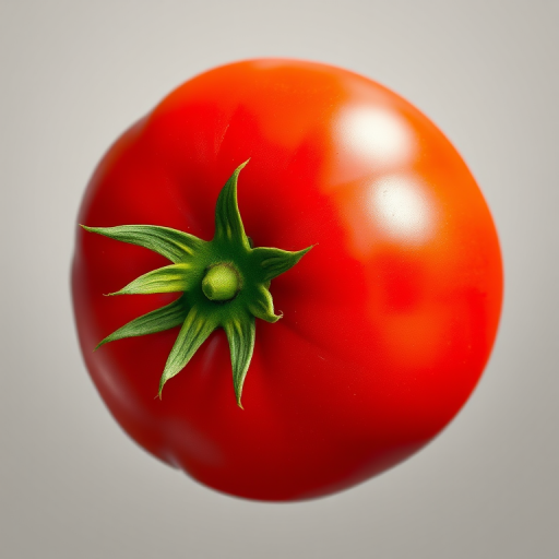 Create a high-resolution illustration of a shiny red tomato with a glossy finish and vibrant green stem, using a DSLR camera with a 50mm lens, ISO 100, f/1.8 aperture, and a shallow depth of field to enhance colors and details.