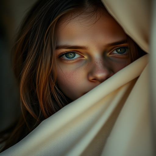 Portrait of a young woman with long hair peeking through fabric with a worried expression, soft natural lighting, depth of field f/1.8, ISO 200, 85mm lens, shot with a DSLR camera from a slightly low angle to enhance drama.