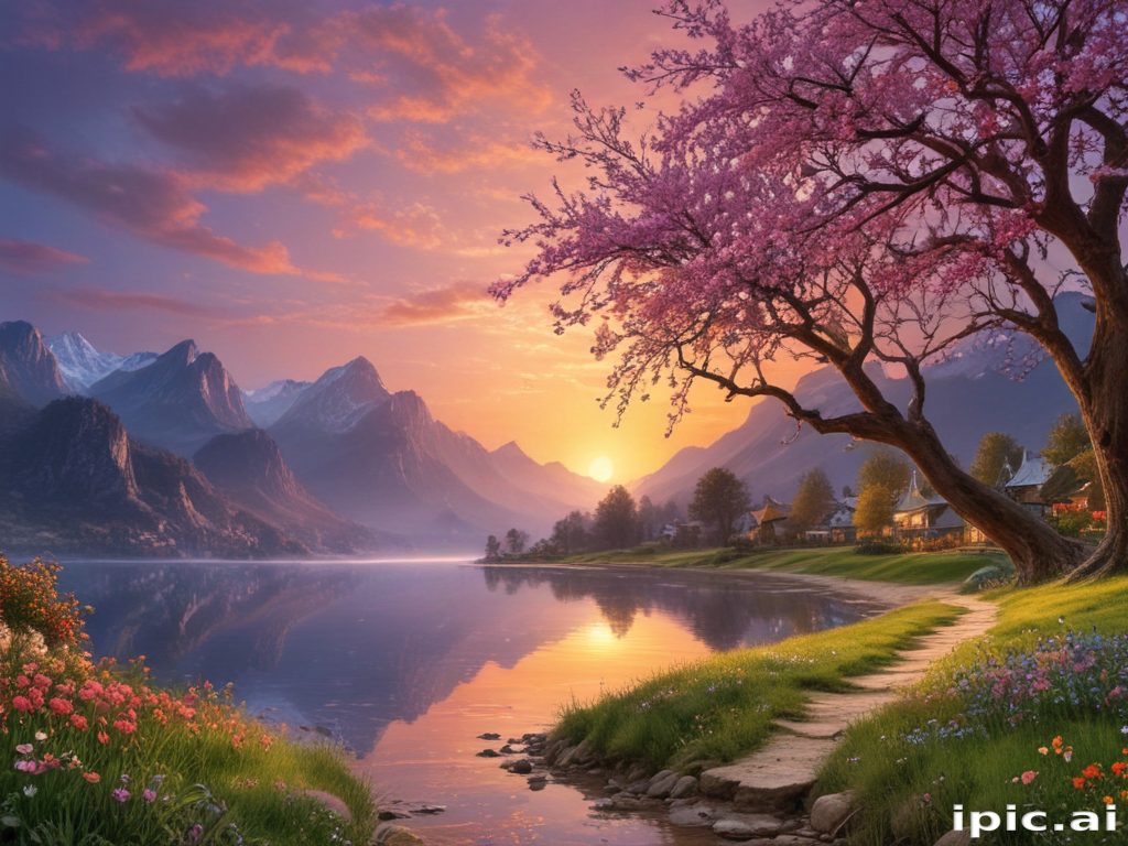 Serene Sunset Over a Tranquil Lake Surrounded by Majestic Mountains