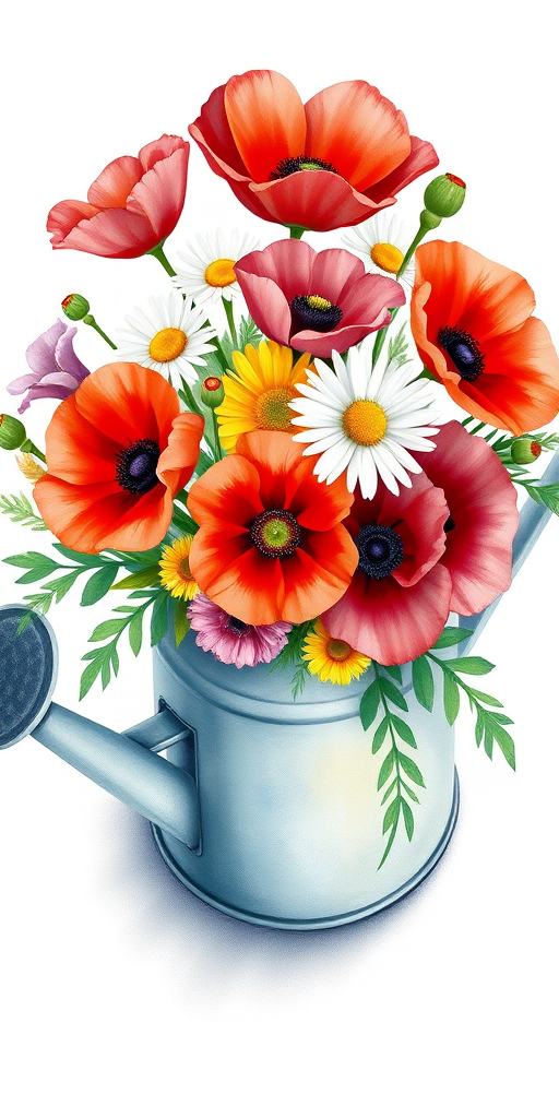 generate an illustration of a watering can filled with a vibrant bouquet of flowers including poppies and daisies, style similar to modern watercolor art, soft light background, top-down view, using a DSLR camera at f/2.8, ISO 100, 50mm lens, shallow depth of field, high-resolution capture