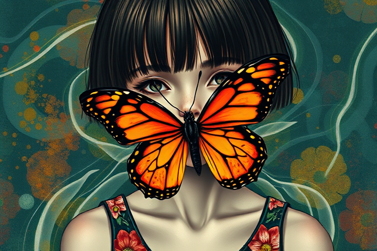 Create an image of a girl with short hair, wearing a floral tank top, who has a large butterfly covering her mouth. The background should have an abstract, colorful design that resembles water. The butterfly should be vibrant with orange and black patterns, contrasting against her skin. The overall mood should be artistic and surreal.