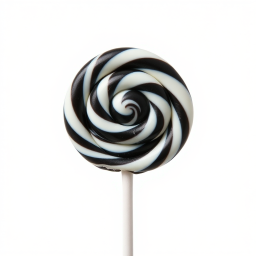 Create a high-resolution image of a classic swirl lollipop with bold black and white colors on a transparent background, using a DSLR camera with a 50mm lens, aperture set to f/2.8, ISO 100, and 1/250 shutter speed, capturing a clean and sharp detail with a soft-focus background.