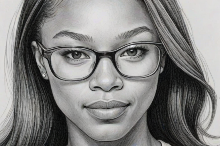 Fascinating Allyson Felix, pencil sketch, portrait of Radiant woman 1966s in glasses, hair style beatnik, outline, clear lines, fine lines, 8k