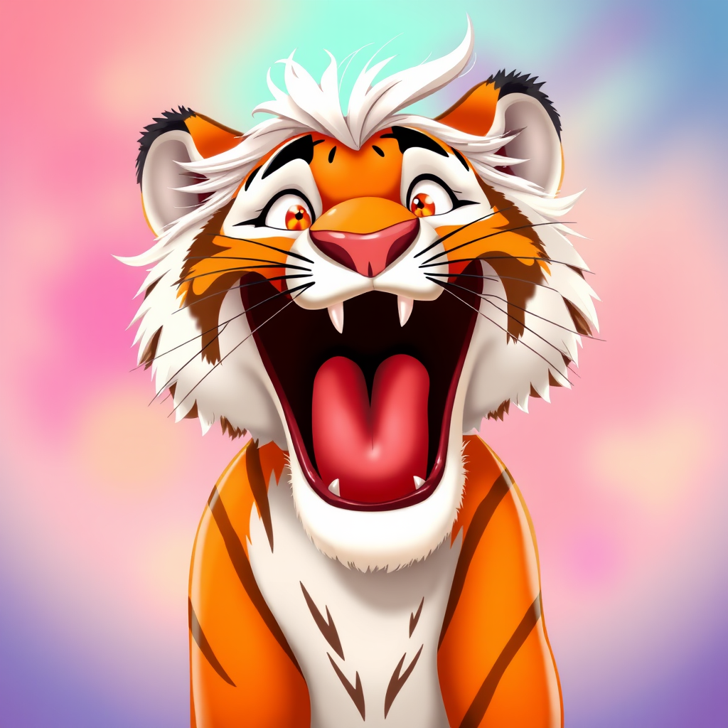 Disney style, cartoon illustration of an orange and white tiger with messy hair smiling very wide open mouth showing, in the Disney Pixar animation style, in the style of Don Bluth, full teeth body, with a very detailed face, very detailed eyes, very detailed fur, full color, very colorful, with a very colorful background, soft pastel colors, high resolution, high quality, high detail, hyper realistic