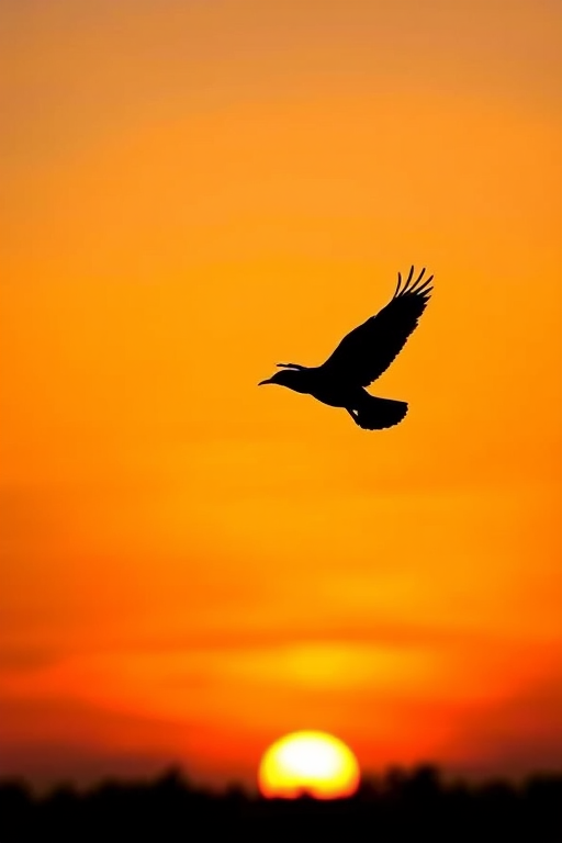 Create a high-definition image of a silhouette of a bird in flight against a sunset background, using a Canon EOS 5D Mark IV, f/8 aperture, ISO 200, 1/1000s shutter speed, shot from a low angle to capture the expansive sky, with a focus on the bird's graceful wings.