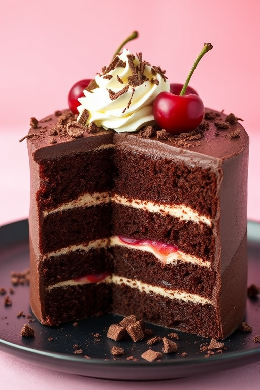Chocolate layer cake with cherries and whipped cream topped with chocolate shavings on a dark plate against a soft pink background. The cake is sliced to reveal layers of chocolate cake and cherry filling.