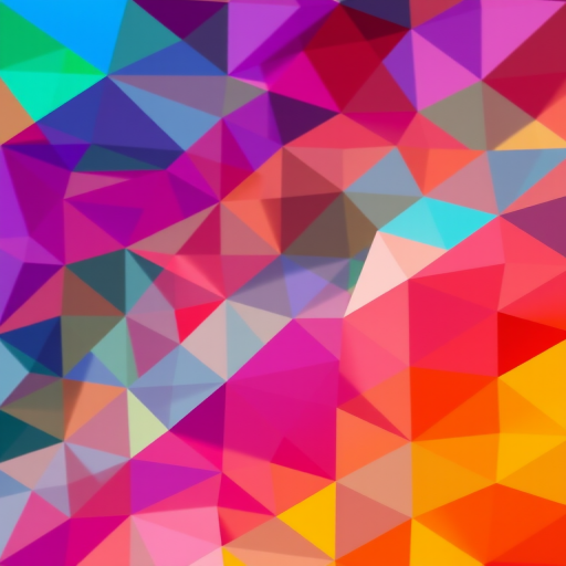 Create an abstract image filled with colorful geometric shapes in a vibrant pattern, captured with a Canon EOS 5D Mark IV, 50mm lens, f/2.8, ISO 100, at a 1/250s shutter speed, with a soft focus background for depth.