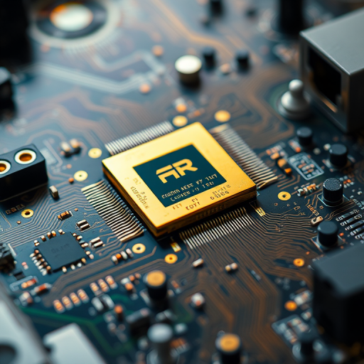 Create a highly detailed close-up shot of a computer circuit board with a central gold processor, using a Canon EOS R5, f/4 aperture, ISO 100, 50mm lens, in vibrant colors with soft lighting and a shallow depth of field.