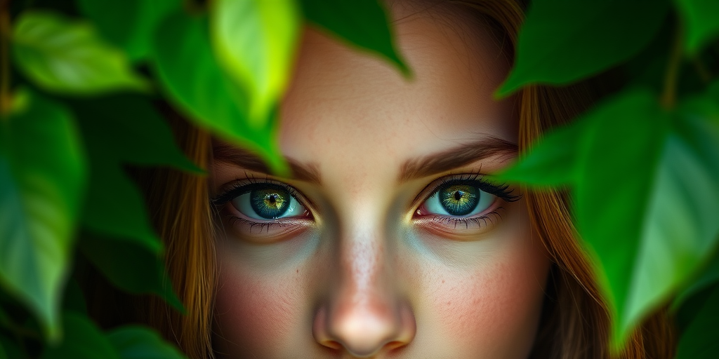portrait of a young woman with enchanting green eyes partially framed by lush green leaves, natural lighting, soft focus, camera settings: f/2.8, ISO 100, shutter speed 1/200s, camera view: close-up, camera style: shallow depth of field, camera type: DSLR