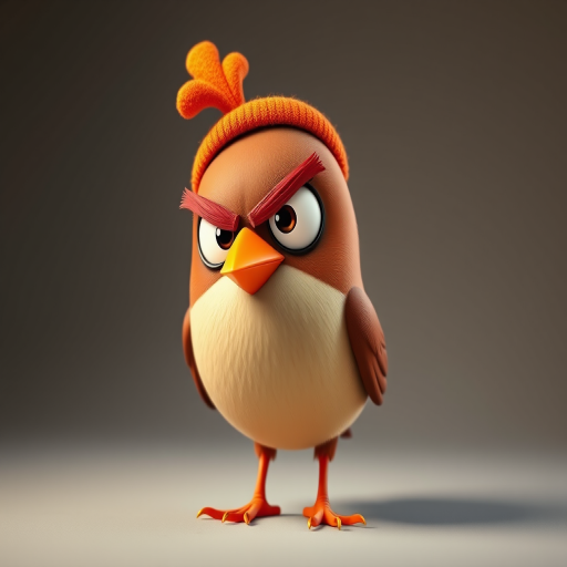 Create a cartoon-style image of an angry bird with a brown body and an orange beak, wearing a small orange hat, focused with a 50mm lens, f/2.8 aperture, ISO 100, in a studio setting with soft lighting for enhanced quality.