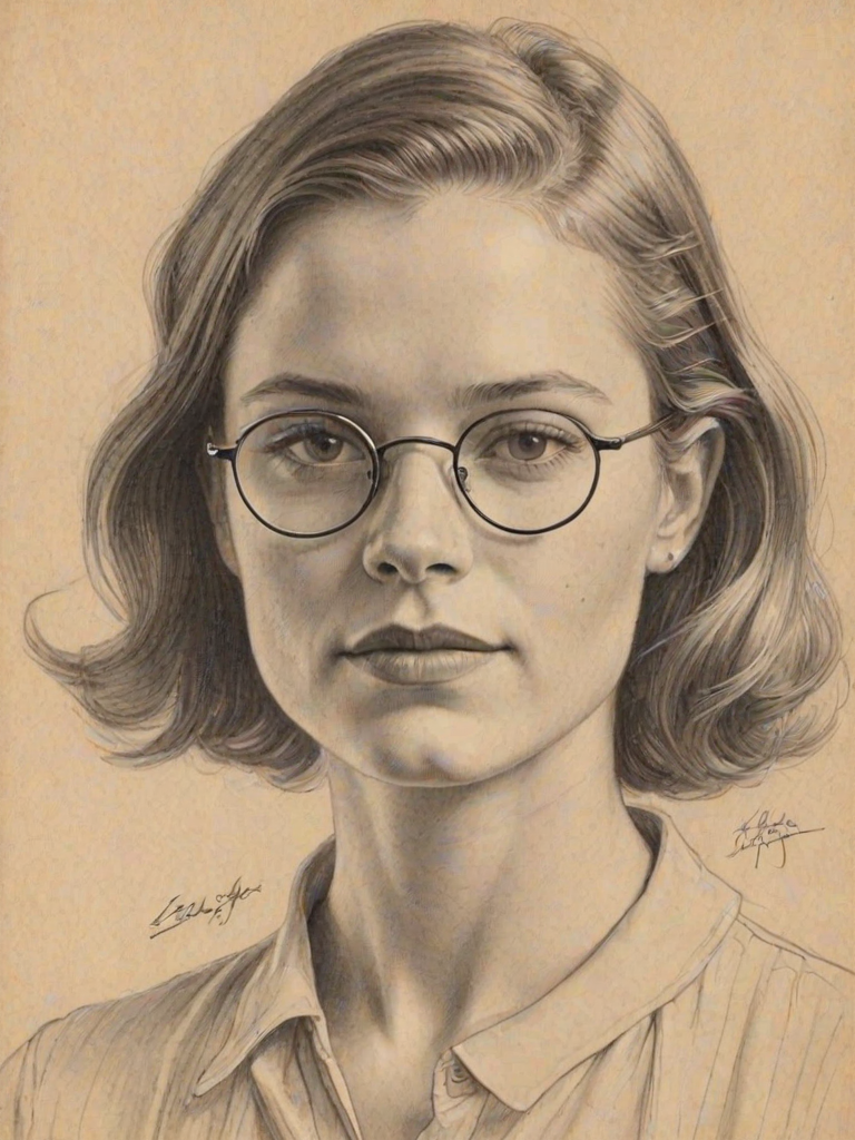 Enticing Maggie Rogers, pencil sketch, portrait of Attractive woman 1933s in glasses, hair style beatnik, outline, clear lines, fine lines, 8k