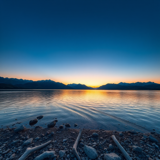 Generate a high-resolution image of a serene landscape featuring a calm lake surrounded by mountains at sunset, using a Canon EOS R5 with a 24-70mm f/2.8 lens, aperture set to f/8, ISO 100, and a shutter speed of 1/125 seconds, shot from a low angle for a wide perspective and enhanced detail.