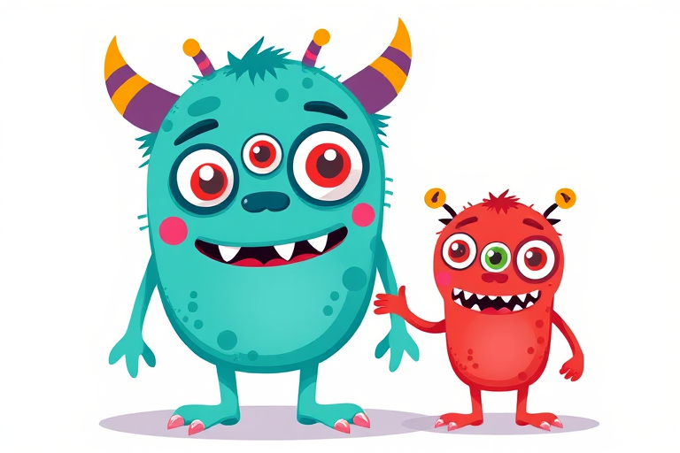 Create a colorful cartoon monster illustration featuring a large turquoise monster with multiple eyes and intricate patterns, accompanied by a smaller red monster with similar eye designs, set against a plain background, shot with a Canon EOS R5 at f/8, ISO 100, 50mm lens, using a vibrant and playful style to enhance the visual appeal.
