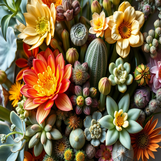 Create a highly detailed botanical illustration of various unique plants and flowers arranged artistically, captured with a macro lens, aperture f/2.8, ISO 100, and a Canon DSLR, utilizing soft natural lighting to enhance color vibrancy and texture.