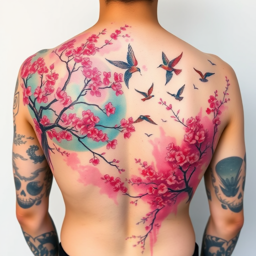 Vibrant watercolor tattoo spanning across the back, depicting a lush forest scene with blooming cherry blossoms and soaring birds, featuring soft pastel hues and delicate brushstrokes that create a dreamy ethereal effect