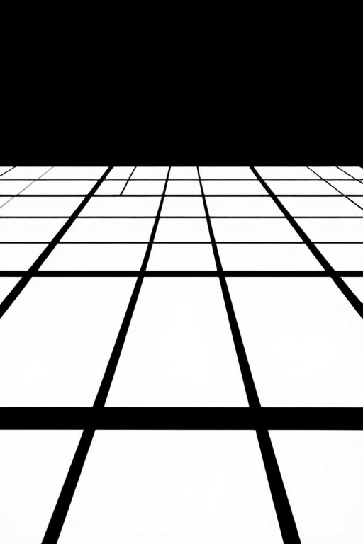 Generate an abstract black and white geometric pattern with high contrast, captured using a Canon EOS R5 at f/8, ISO 100, 1/200s, wide-angle lens, top-down view, sharp focus, minimalistic style.