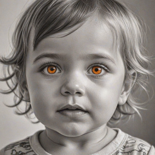 A hyperdetailed photorealistic black and white sketch of a beautiful toddler with deep orange eyes, with a macro focus