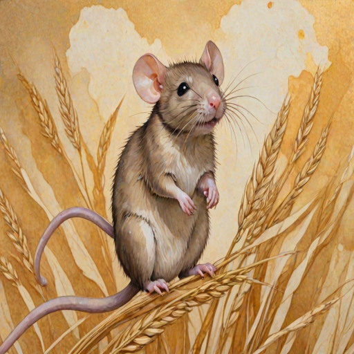 Soft, muted Alcohol Ink with ebru effect background image of tiny whimsical rat, who climbed high on the top of a golden rye ear.