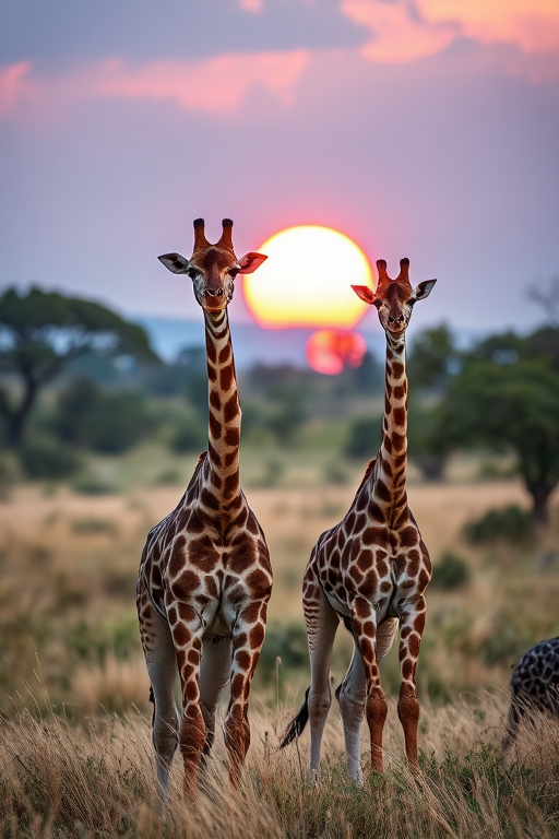 capture two giraffes in a grassy savanna setting during golden hour, 50mm lens, aperture f/2.8, ISO 100, shutter speed 1/200s, shallow depth of field, DSLR camera