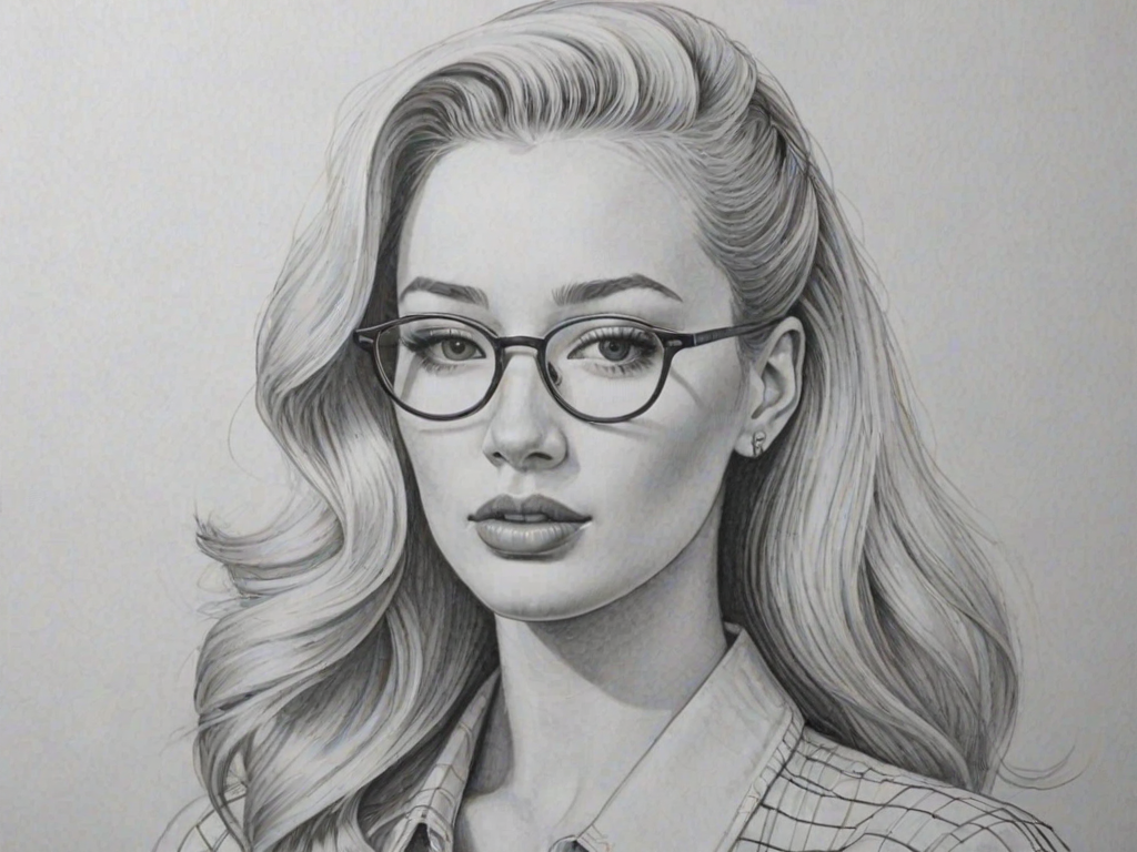 Fascinating Iggy Azalea, pencil sketch, portrait of Delightful woman 1947s in glasses, hair style beatnik, outline, clear lines, fine lines, 8k