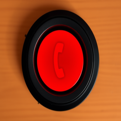 create an image of a red circular phone icon with sound waves emanating from it, using a Canon EOS R5 camera with a 50mm lens, aperture f/2.8, ISO 100, shot from a top-down perspective to enhance clarity and detail.