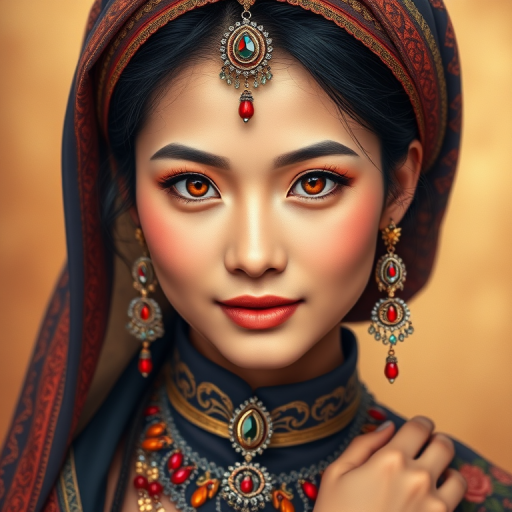 Create a portrait of a beautiful Thai woman with striking orange eyes and a gentle expression. She is adorned in traditional attire with intricate patterns, including a richly embroidered headscarf and matching garments. Her jewelry includes a delicate headpiece, dangling earrings, and ornate bracelets, all featuring vibrant gemstones and detailed metalwork. The background is soft and warm, enhancing the rich colors of her outfit and jewelry.