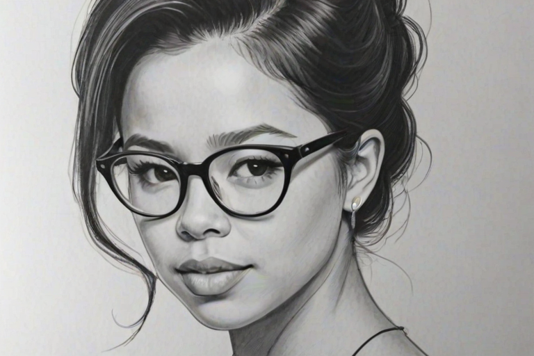 Radiant Cierra Ramirez, pencil sketch, portrait of Dazzling woman 1962s in glasses, hair style beatnik, outline, clear lines, fine lines, 8k