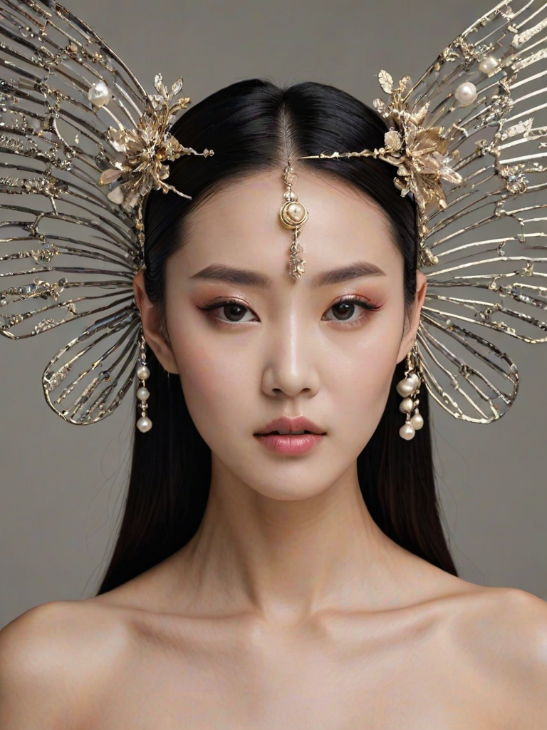 The image depicts a young korean woman with sleek, dark hair wearing an intricate and avant-garde headpiece. The headpiece is made of delicate, metallic structures resembling abstract butterfly wings or branches, framing her face with an artistic, futuristic flair. Her expression is soft yet confident, and her makeup emphasizes her eyes with long lashes and a subtle lip color, giving her a refined and elegant appearance. She also wears a pearl necklace, adding a touch of classic sophistication that contrasts with the modern, almost ethereal design of the headpiece