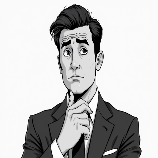 Create a high-resolution black and white illustration of a thoughtful man in a suit with a perplexed expression, using a Canon EOS R5 camera at f/2.8 aperture, 50mm lens, 1/125s shutter speed, with soft diffused lighting and a smooth background blur.
