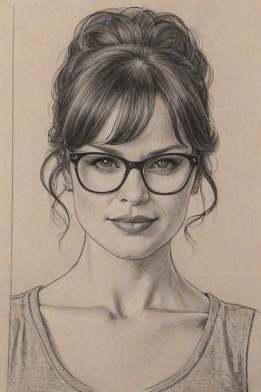 Lovely Carla Gugino, pencil sketch, portrait of Pleasing woman 1963s in glasses, hair style beatnik, outline, clear lines, fine lines, 8k