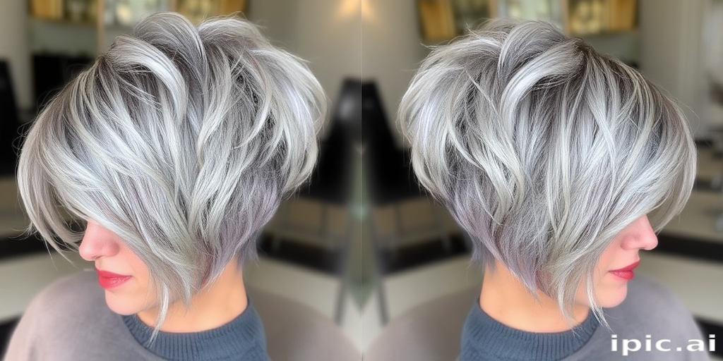 Chic silver-gray pixie with textured layers, styled in a tousled manner to create movement and dimension, exuding confidence and sophistication