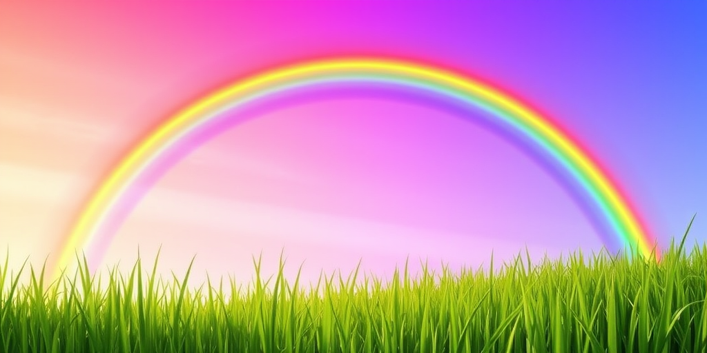 Create a vibrant illustration of a rainbow arching in a clear sky, with vivid colors transitioning from red to purple, set against a lush green grass foreground, using a DSLR camera, f/8 aperture, 1/200 shutter speed, and a 50mm lens for sharpness.