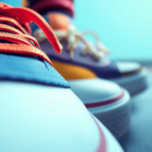 Create a high-resolution digital illustration of a close-up view of colorful sneakers, emphasizing details of the shoe texture, use a shallow depth of field to blur the background, shot with a DSLR camera, aperture set to f/2.8, ISO 100, and focal length of 50mm, with a vibrant color palette and smooth gradients.