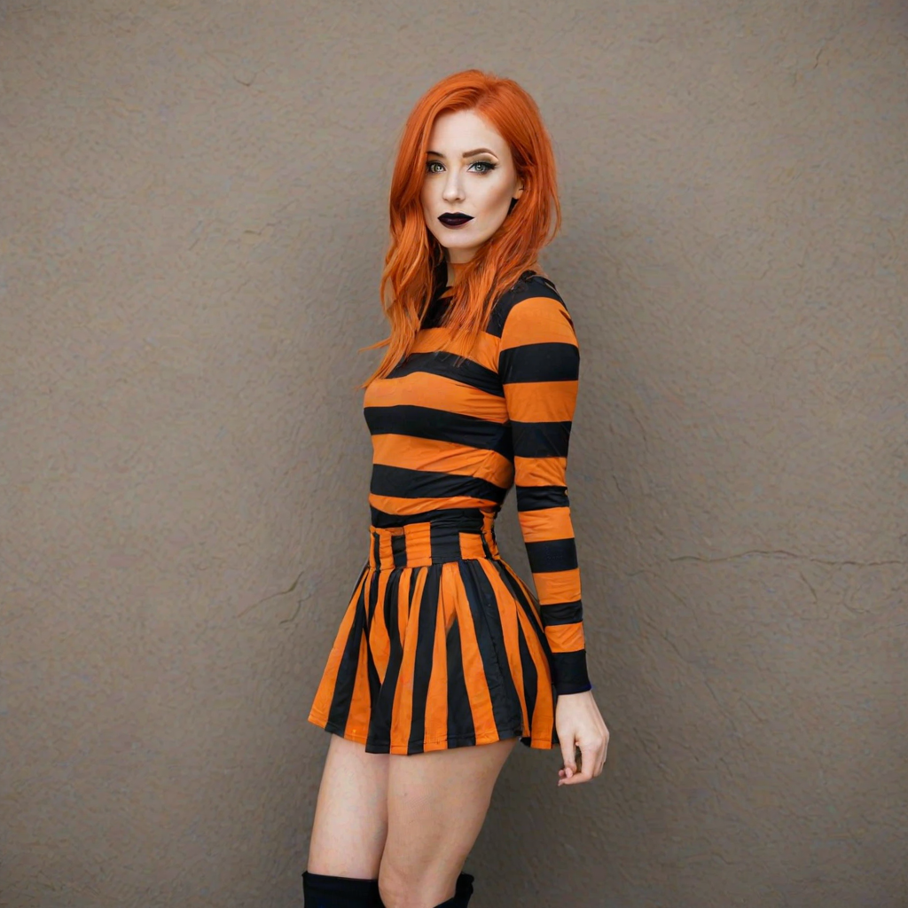 beautiful woman in orange and black Halloween colors, stripes. striking. pumpkin on shirt. I'm orange hair. full body. side shot holding pumpkin