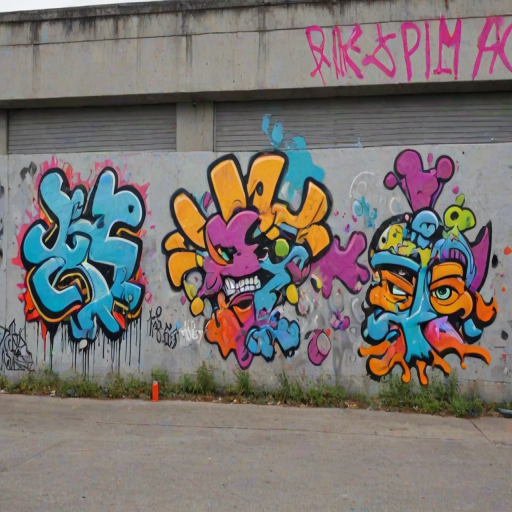 Vibrant street art decorating an industrial area, splashes of bright color against the gray concrete, with graffiti artists adding final touches.