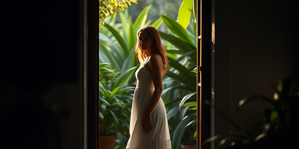 portrait of a woman in a flowing white dress standing in a doorway surrounded by lush plants, backlit by soft natural light, captured with a Canon EOS R5, 50mm f/1.2 lens, aperture f/2.8, ISO 100, and shutter speed 1/125 sec, in a moody, cinematic style.