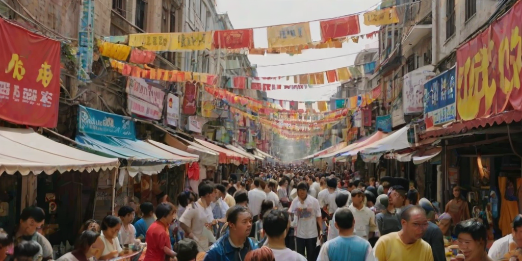 Bustling street festival, with colorful banners hanging between buildings, food stalls serving local delicacies, and musicians performing on makeshift stages.