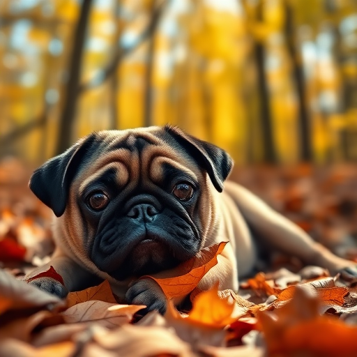 A pug lying on autumn leaves in a sunlit forest, shallow depth of field, soft focus background, 50mm lens, aperture f/1.8, ISO 100, natural lighting, DSLR camera.