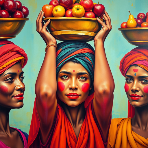 Create a vibrant painting of three colorful women carrying bowls of fruit on their heads, with expressive faces and bright clothing, using a DSLR camera at f/8, ISO 200, 50mm lens, and soft diffused lighting for enhanced color saturation and clarity.