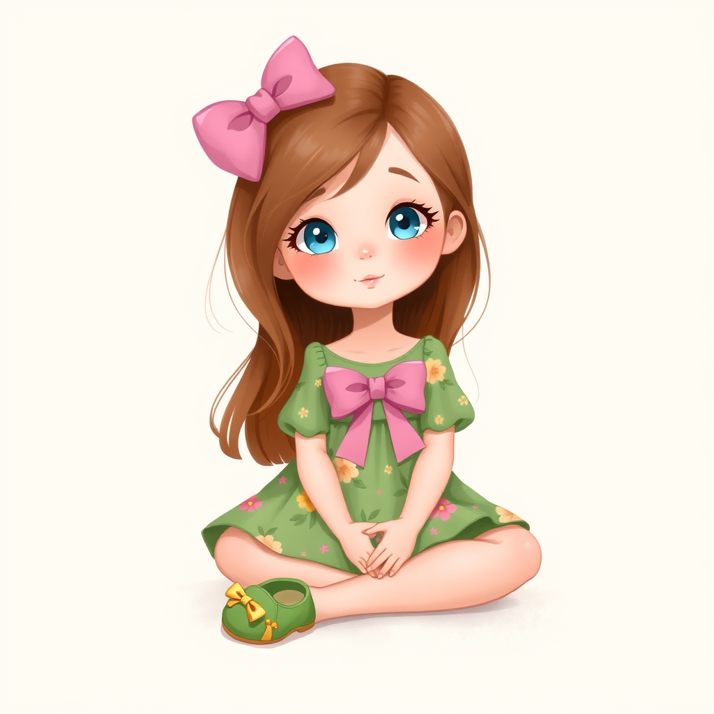 digital illustration of a kid girl with brown hair and blue eyes, sitting on the floor with her legs crossed and her hands resting on her knees. she is wearing a green floral dress with a pink bow on the front and a pair of green shoes with gold ribbon. She has a pink bows on her head. The background is a light beige color with a subtle texture. whimsical and dreamy.The color scheme is soft and muted pastel.