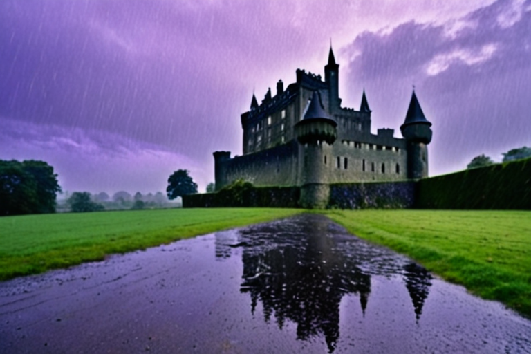 grey castle in the rain under a violet sky