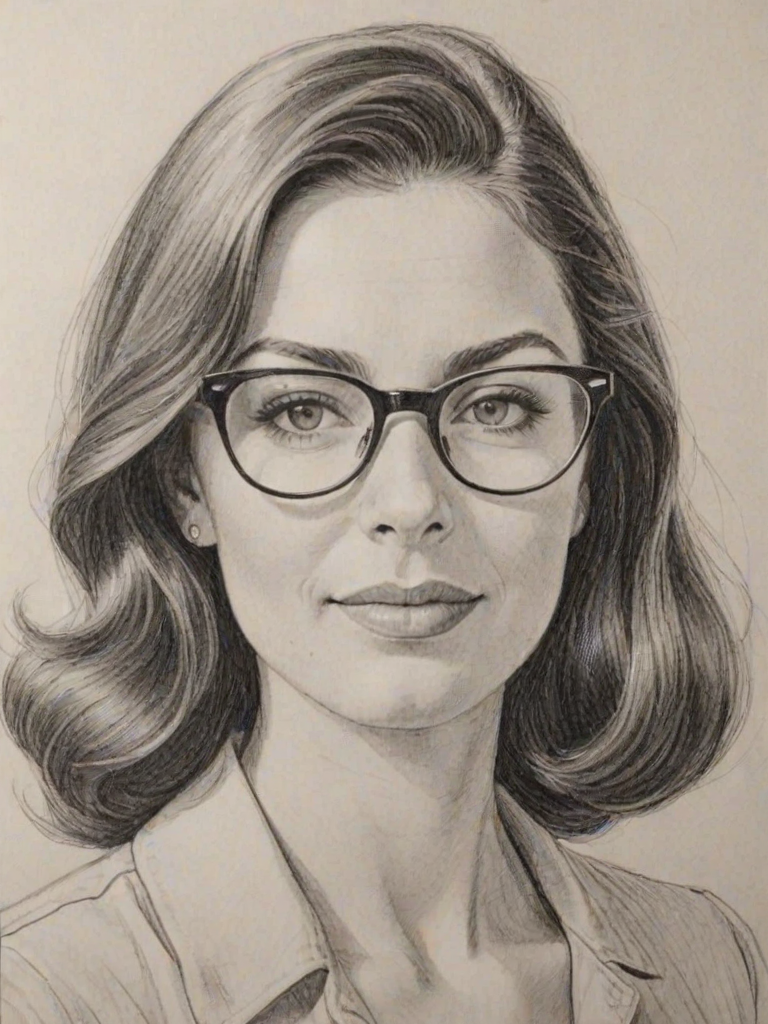 Captivating Gina Linetti, pencil sketch, portrait of Radiant woman 1960s in glasses, hair style beatnik, outline, clear lines, fine lines, 8k