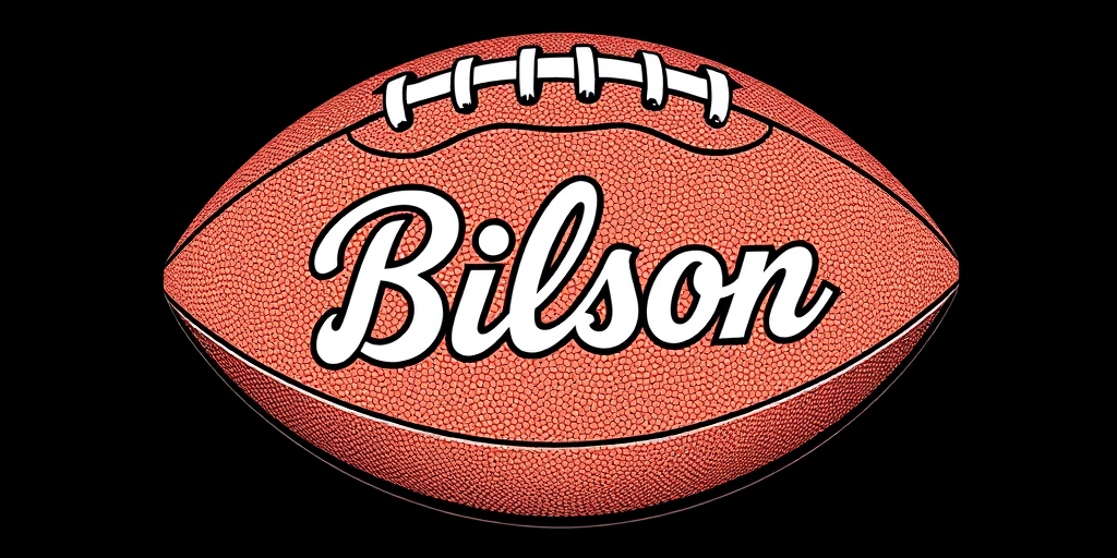 Create a detailed vector illustration of a classic American football with the word "Bilson" stylized in elegant cursive, set against a plain black background, using a high-resolution 4K setting, 50mm lens, ISO 100, f/2.8 aperture, with soft lighting to enhance texture and color depth.