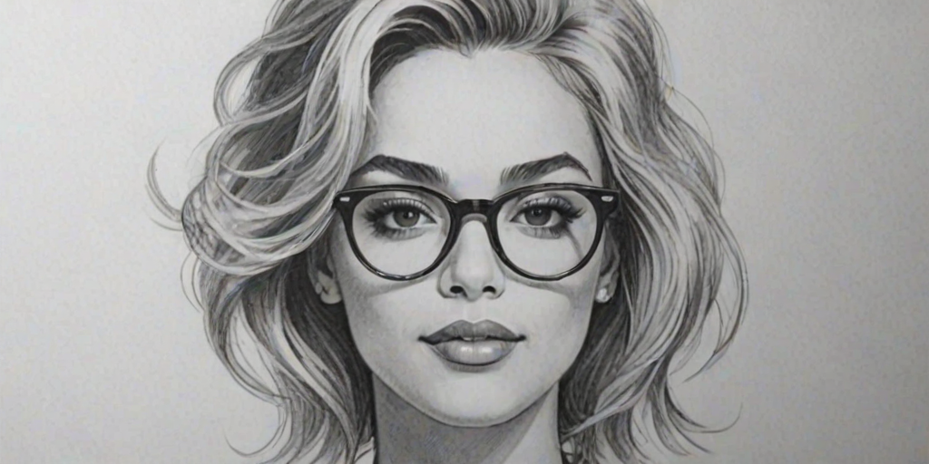 Exquisite DaniLeigh, pencil sketch, portrait of Superb woman 1966s in glasses, hair style beatnik, outline, clear lines, fine lines, 8k