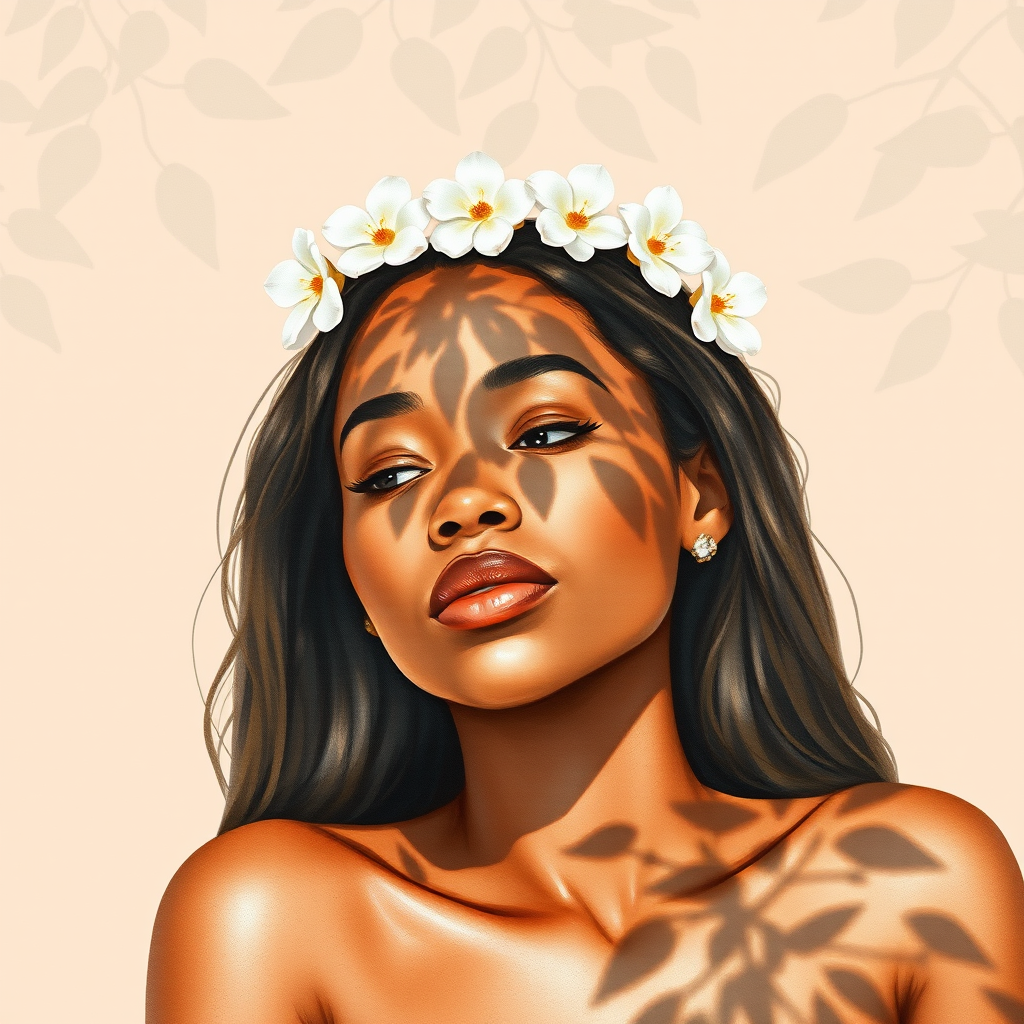 create a watercolor painting of an ethereal portrait of beautiful Afro-Caribbean woman with a simple white flower crown on her head. Her hair is long and she is lying on the ground. The sunlight on the trees casts shadows from the leaves on her face and body. The background is a neutral brown color that matches her skin tone. The image is minimalist and solid colors. This style is characterized by soft, delicate brushstrokes and a light, airy, contrasting color palette. High level of detail and play of light