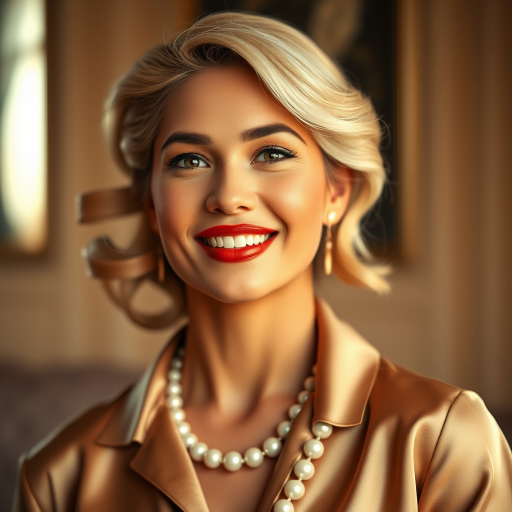 A beautiful Maori woman reminiscent of 1950s Hollywood glamour, with perfectly styled blonde hair and a seductive smile, dressed in a satin blouse and adorned with pearls, soft and warm tones, photorealistic, 8K