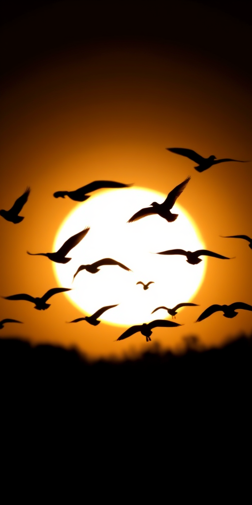 Create a high-contrast silhouette image of birds in flight, using a Canon EOS R5 camera with a 50mm lens, f/1.8 aperture, ISO 100, and a shutter speed of 1/2000 sec, capturing the scene from a low angle to emphasize the dynamic movement of the wings against a bright background.